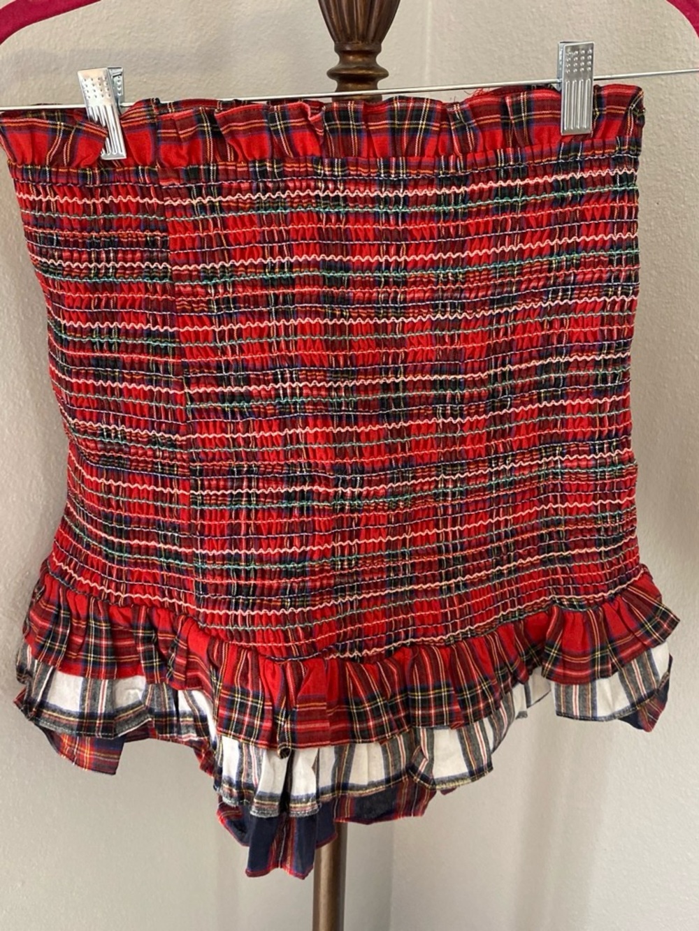 Red Plaid Smocked Ruffle Mini Skirt